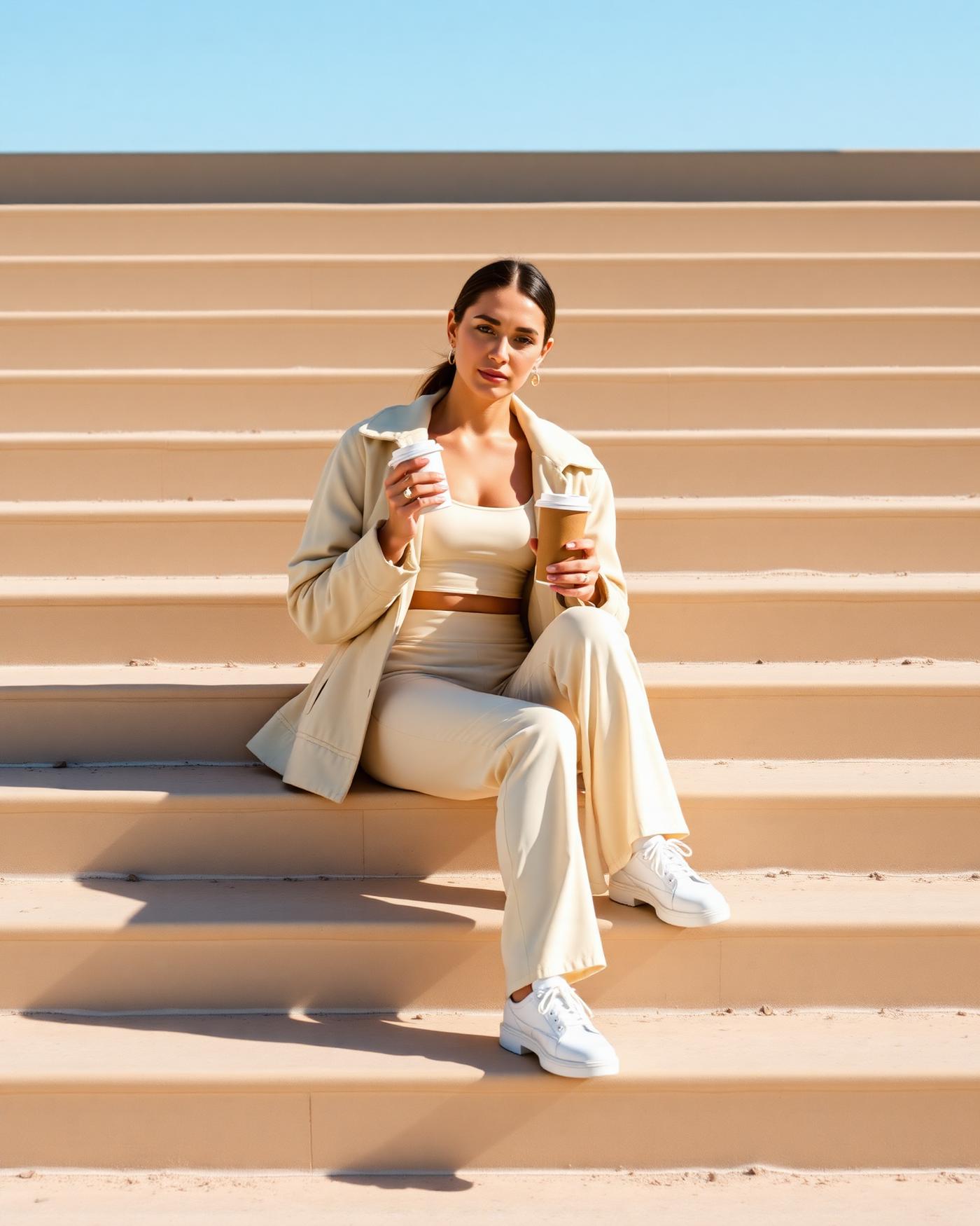 ARVORA woman pausing between movements in Dubai morning light